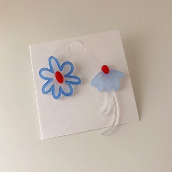 Jewelry - Acrylic Resin Flower Asymmetrical Earrings Art to Wear Blue